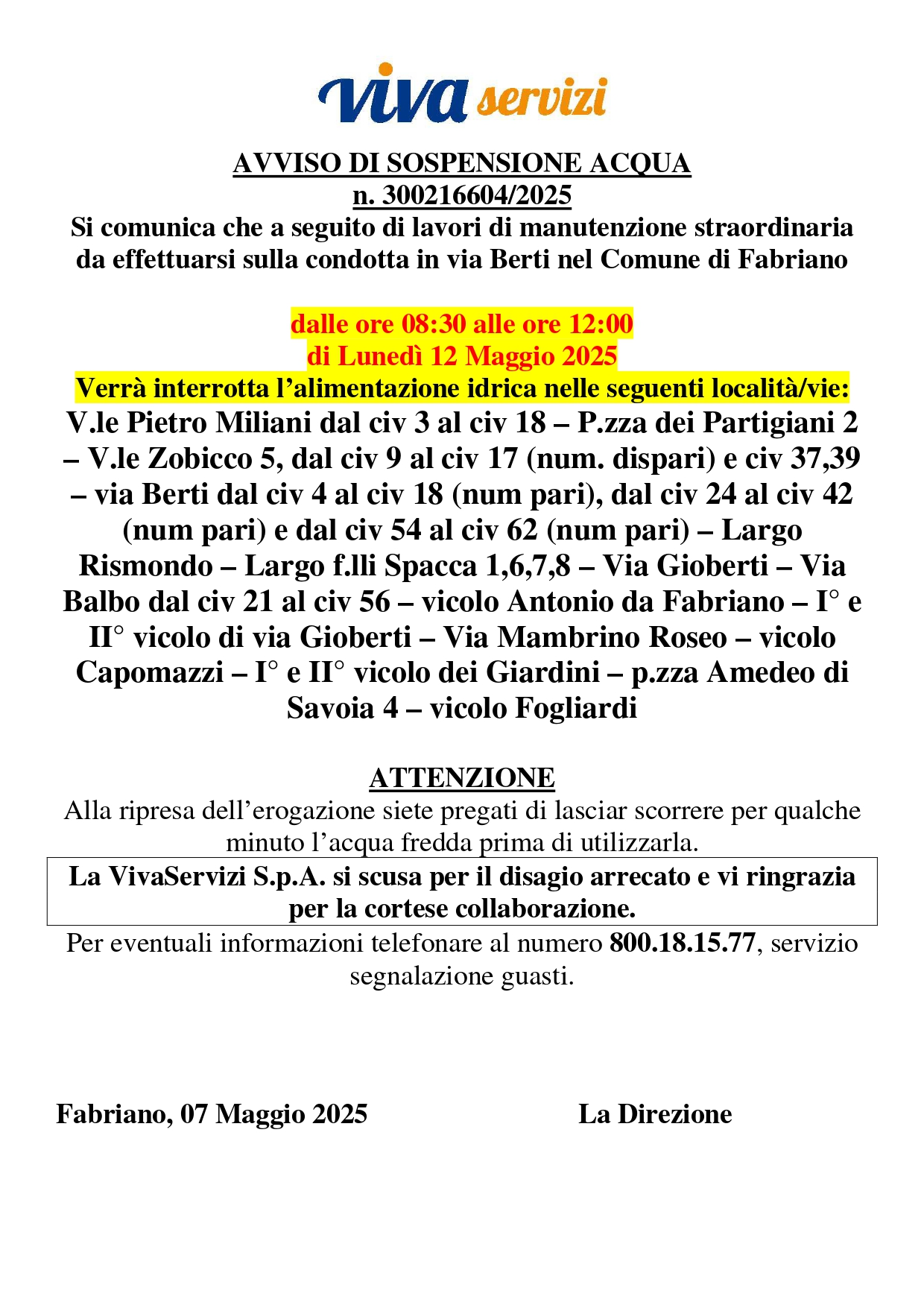 SOSPENSIONE ACQUA 12 MAGGIO PER MANUTENZIONE CONDOTTA IN VIA BERTI